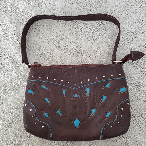 BOHO Western Leather Handbag Floral Tooled Turquoise Cut Outs Pockets Cowgirl - Picture 15 of 15